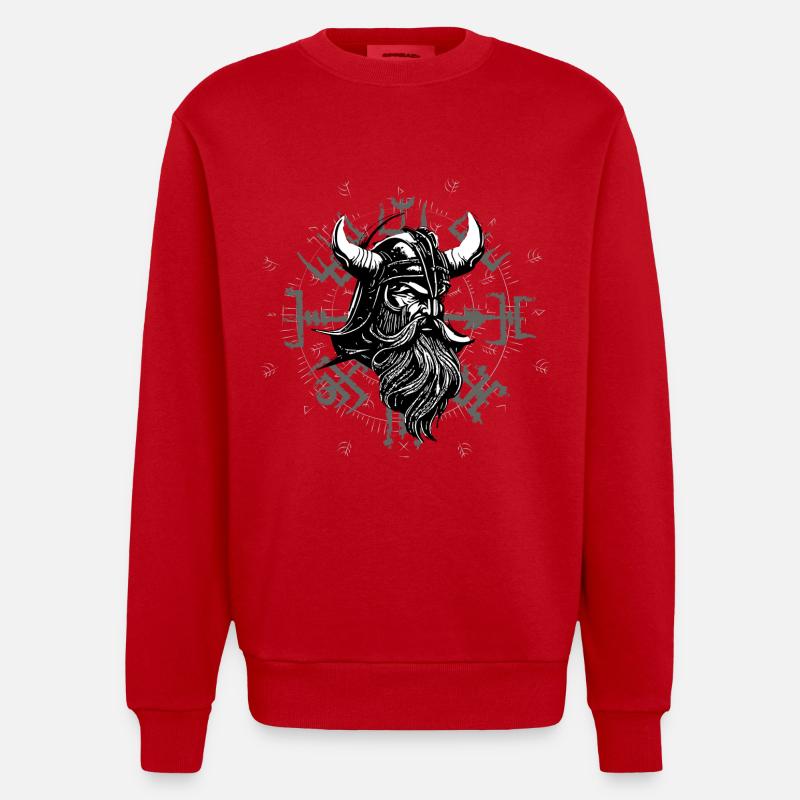Vegvísir mit Wikingerkopf - Heavyweight Oversized Organic Crew Neck Made in EU - Rot