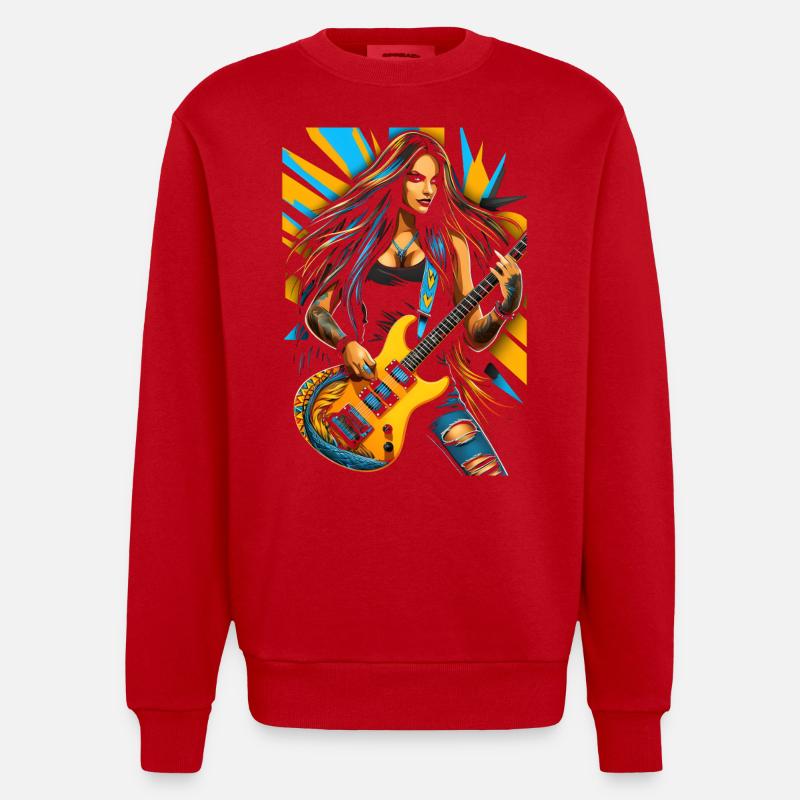 Wilde Gittarendiva mit E-Gitarre - Heavyweight Oversized Organic Crew Neck Made in EU - Rot