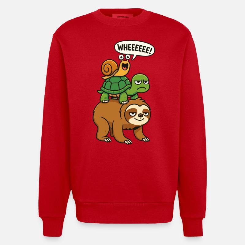 Sloth, Turtle, Snail, Funny Animals - Heavyweight Oversized Organic Crew Neck Made in EU - red