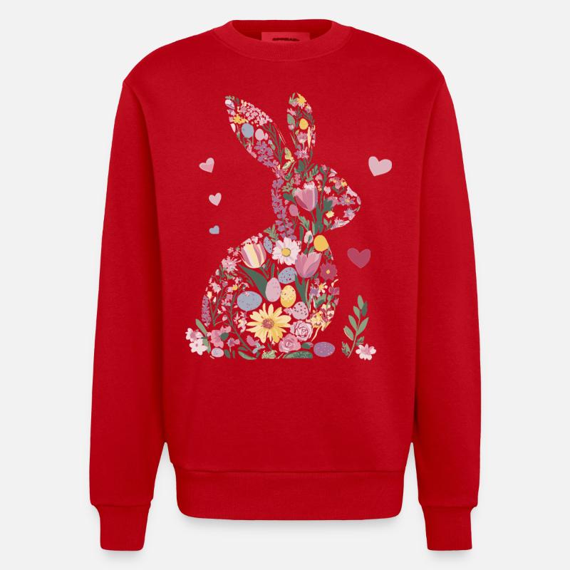 Easter Bunny Flowers Spring Hearts - Heavyweight Oversized Organic Crew Neck Made in EU - red