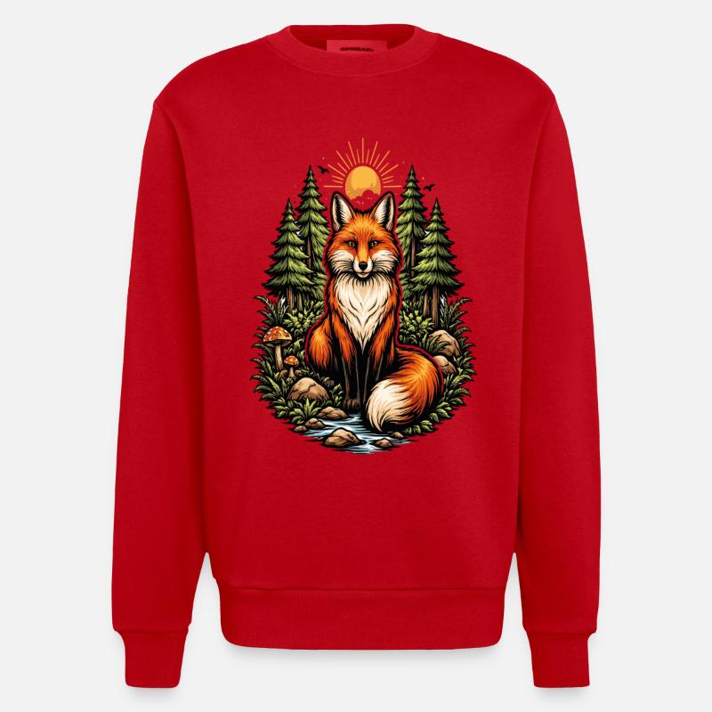 Fuchs im Wald bei Sonnenaufgang - Heavyweight Oversized Organic Crew Neck Made in EU - Rot