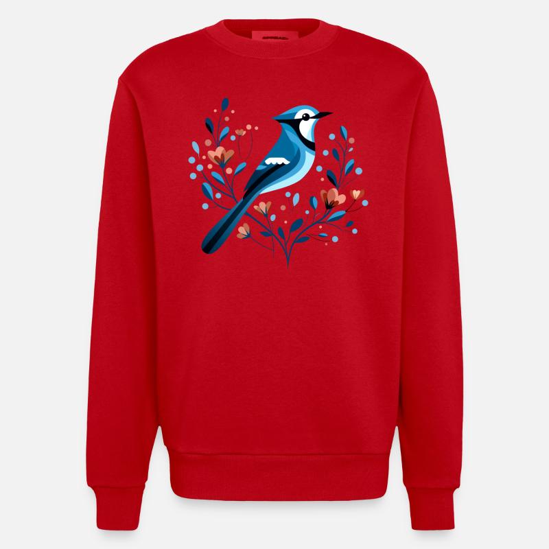 Geai bleu avec des fleurs - Sweat bio épais oversize fabriqué en UE - rouge