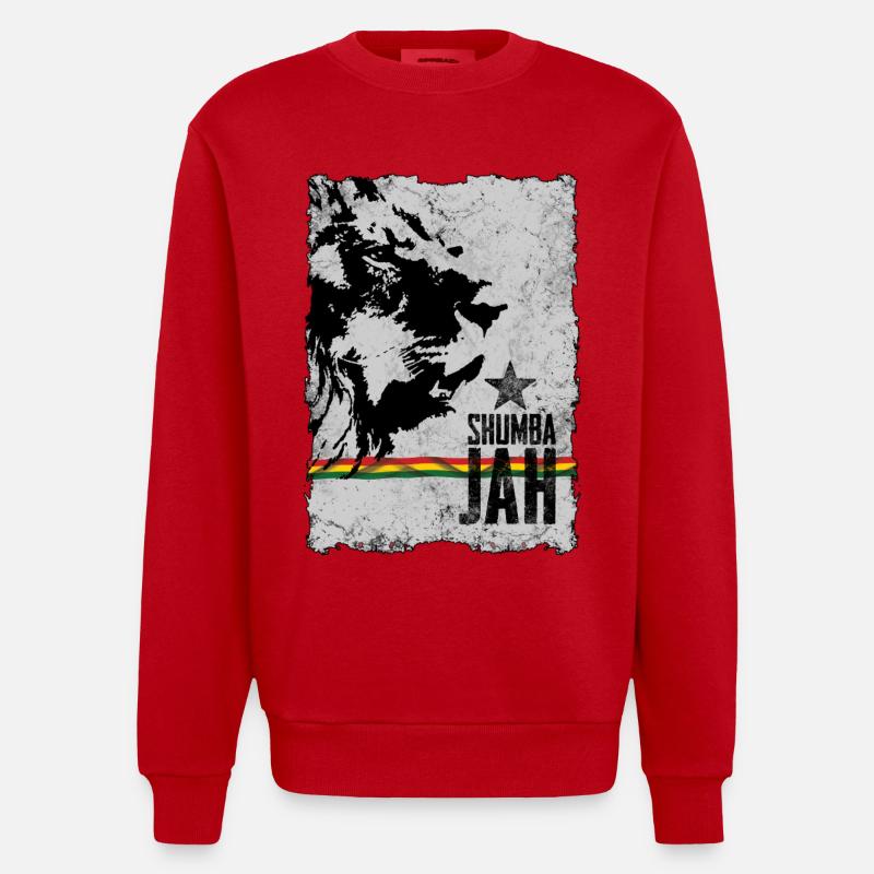 Visage de lion avec drapeau reggae - Sweat bio épais oversize fabriqué en UE - rouge