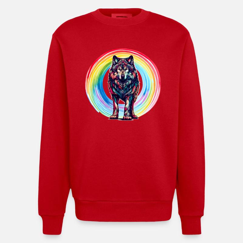 Wolf Wolves Rainbow - Heavyweight Oversized Organic Crew Neck Made in EU - red
