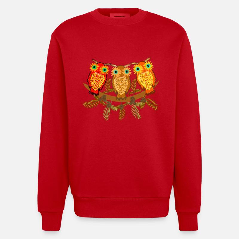 Drei bunte Eulen mit Kiefernzweigen - Heavyweight Oversized Organic Crew Neck Made in EU - Rot