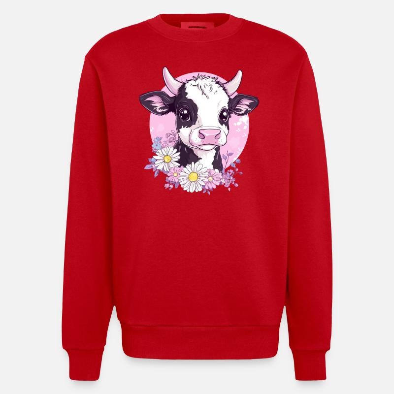 Illustration de vache fleurie - Sweat bio épais oversize fabriqué en UE - rouge