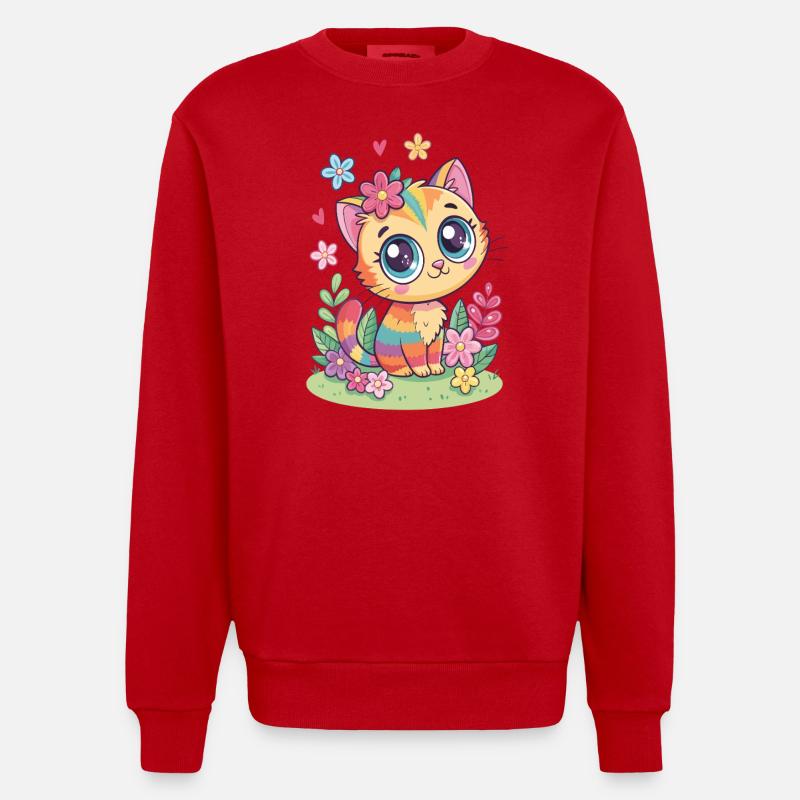 Regenbogen Katze mit Blumen - Heavyweight Oversized Organic Crew Neck Made in EU - Rot