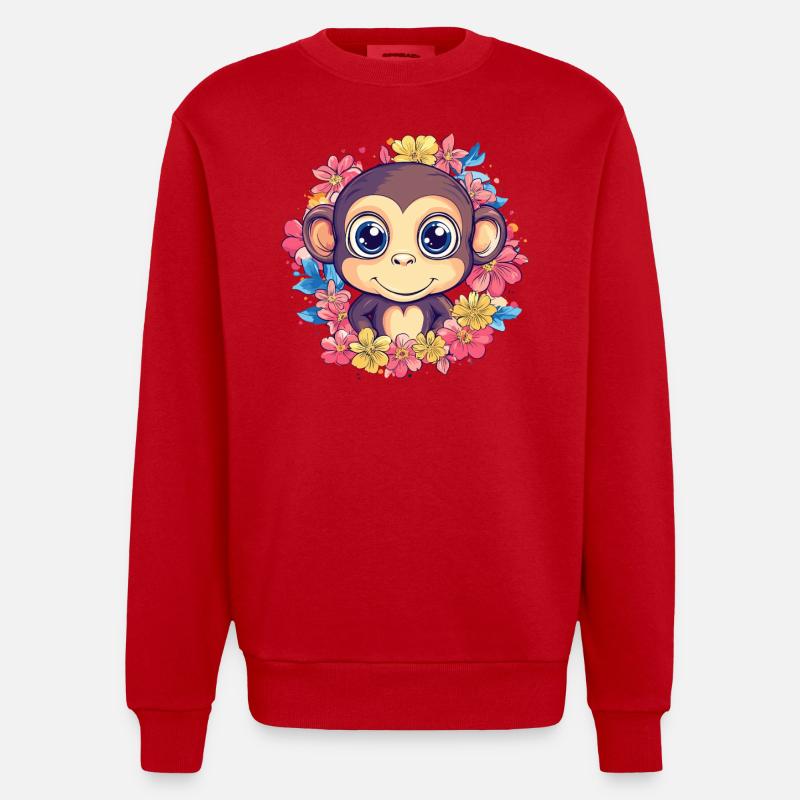 Fröhlicher Affe mit Blumen - Heavyweight Oversized Organic Crew Neck Made in EU - Rot