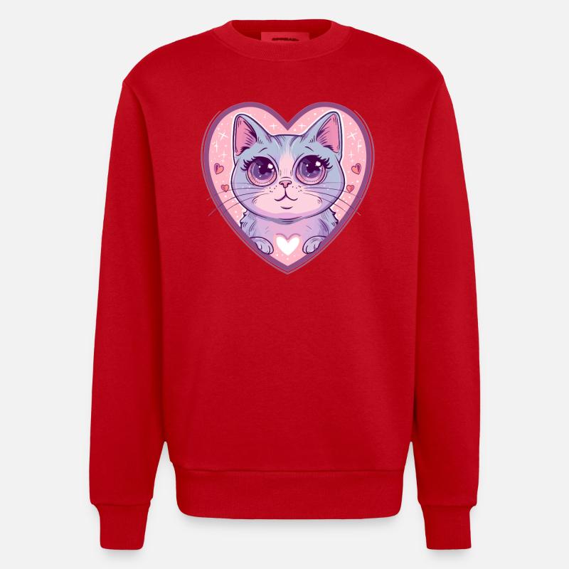 Herzkatze mit Glanzblick - Heavyweight Oversized Organic Crew Neck Made in EU - Rot