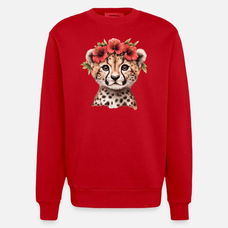 Guépard à l’hibiscus - Sweat bio épais oversize fabriqué en UE - rouge