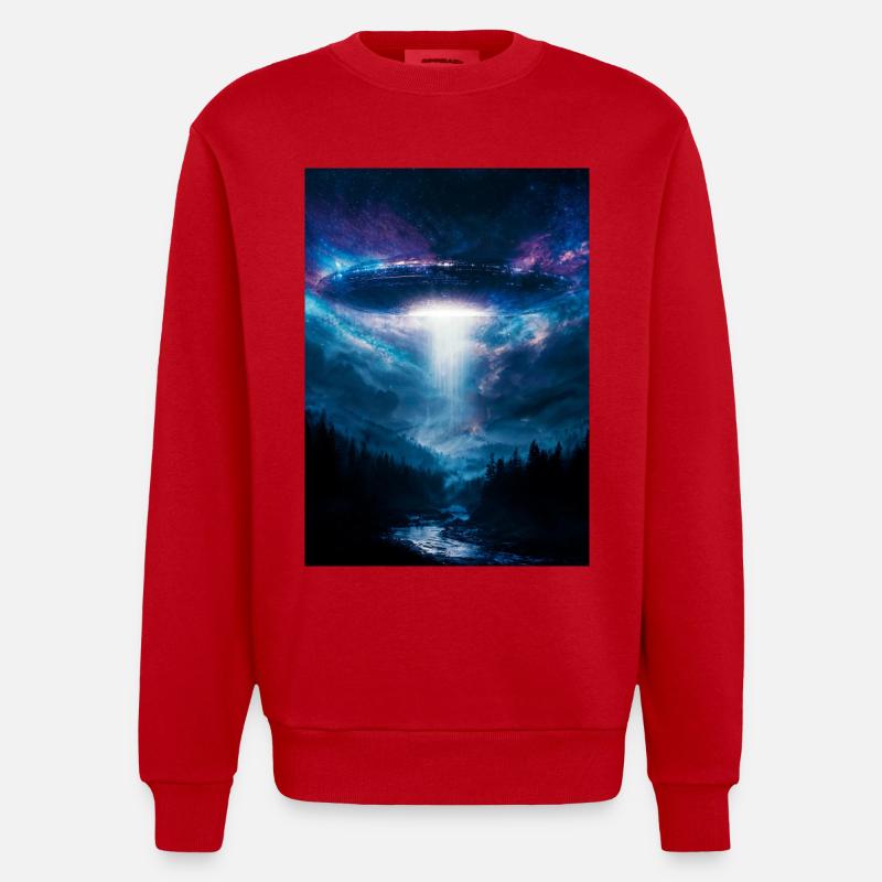 UFO-Strahl über Mitternachtswald - Heavyweight Oversized Organic Crew Neck Made in EU - Rot