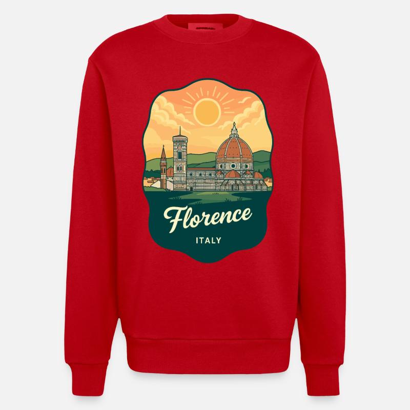 Florence Duomo Retro Sonnenuntergangs-Reiseabzeichen - Heavyweight Oversized Organic Crew Neck Made in EU - Rot