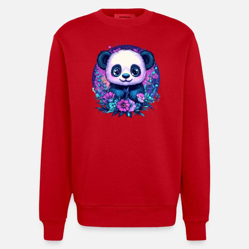 Panda avec des fleurs - Sweat bio épais oversize fabriqué en UE - rouge