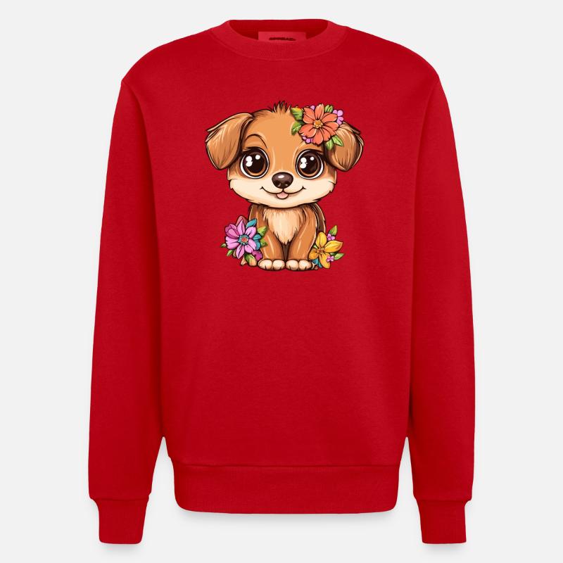 Chiot avec des fleurs - Sweat bio épais oversize fabriqué en UE - rouge