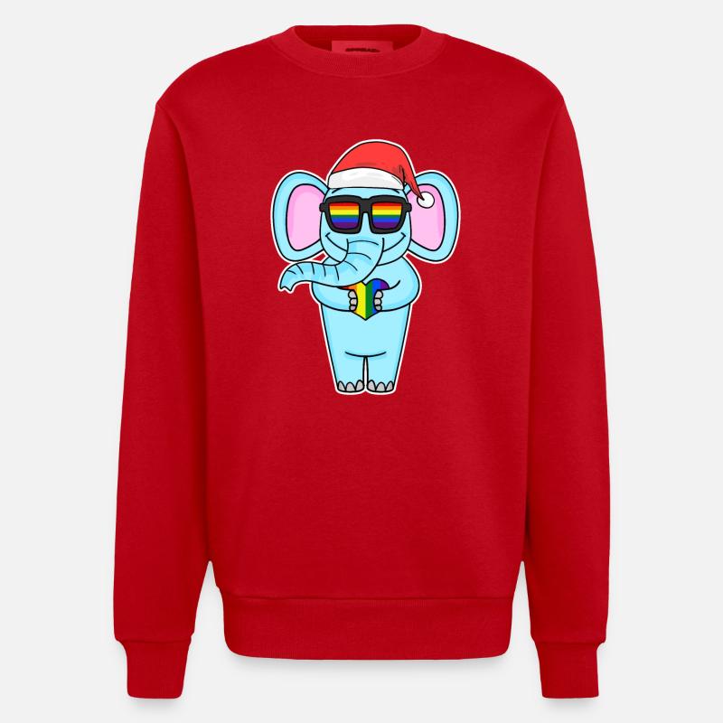 Éléphant Arc-en-ciel Noël - Sweat bio épais oversize fabriqué en UE - rouge