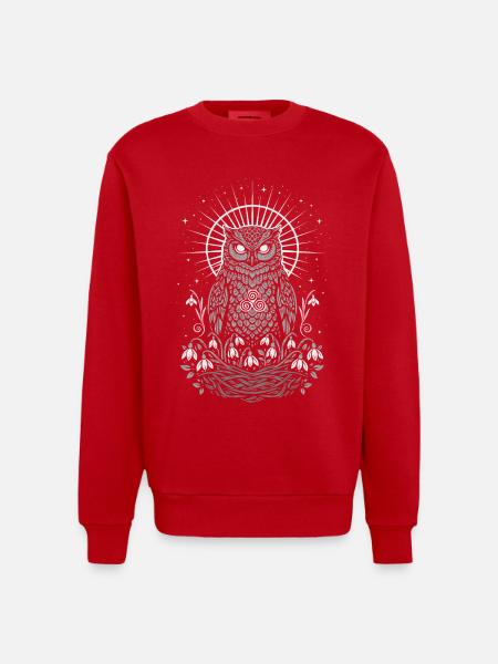 Imbolc Owl with Triskele and Snowdrops - Heavyweight Oversized Organic Crew Neck Made in EU - red