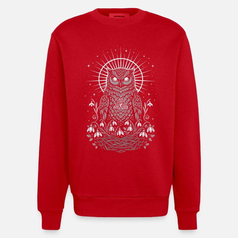 Hibou Imbolc avec Trisquelette et Perce-neige - Sweat bio épais oversize fabriqué en UE - rouge