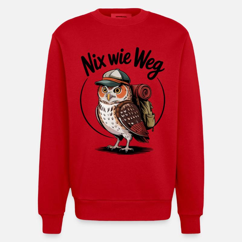 Forest hiker owl with backpack - Heavyweight Oversized Organic Crew Neck Made in EU - red