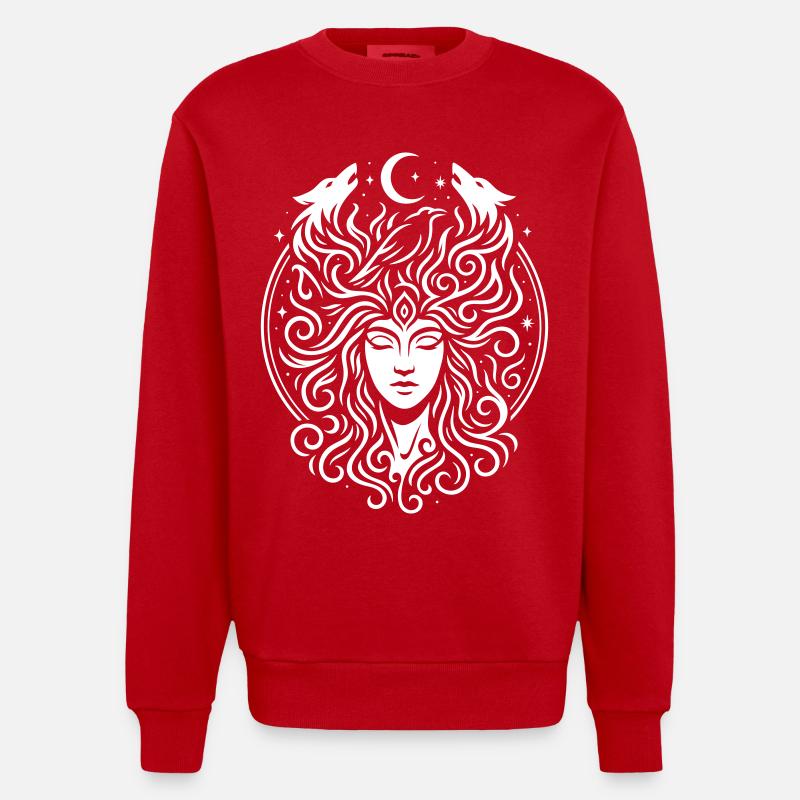 Rauhnächte Lichtpercht with Direwolves & Moon - Heavyweight Oversized Organic Crew Neck Made in EU - red