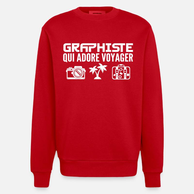 Voyageurs & Graphistes : Passion & Découverte - Sweat bio épais oversize fabriqué en UE - rouge