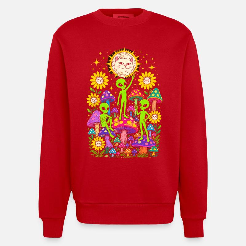 Aliens et Champignons Arcenciel - Sweat bio épais oversize fabriqué en UE - rouge