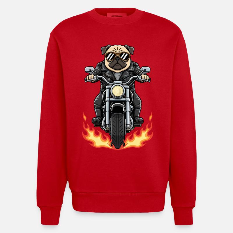 Cool Biker Pug Motorcycle Flames - Heavyweight Oversized Organic Crew Neck Made in EU - red