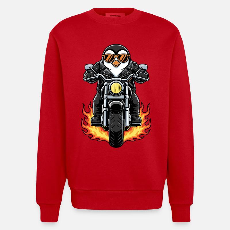 Cool Biker Penguin Motorcycle Flames - Sweat bio épais oversize fabriqué en UE - rouge
