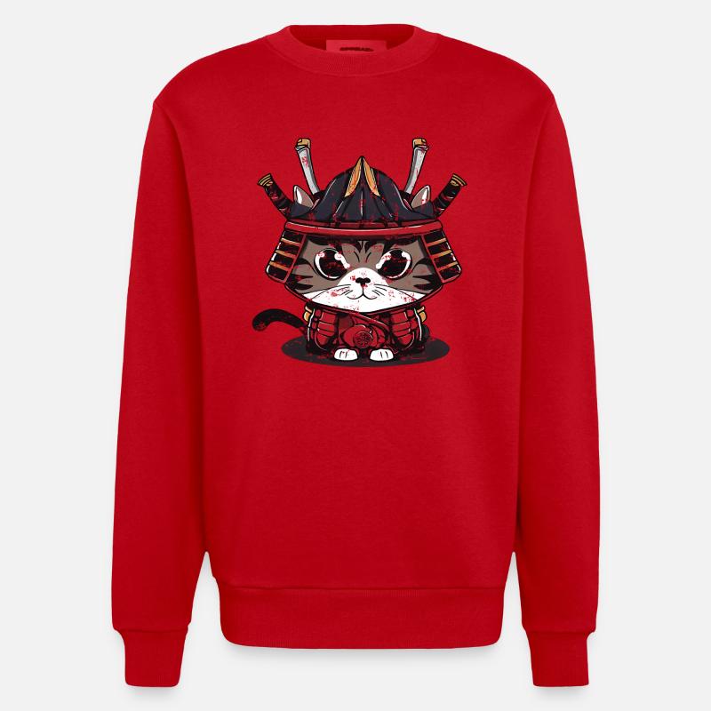 Mignon chat samouraï vêtements traditionnels - Sweat bio épais oversize fabriqué en UE - rouge