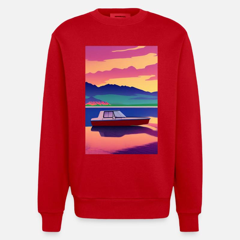 Landschaft mit See, Boot und Berge - Heavyweight Oversized Organic Crew Neck Made in EU - Rot