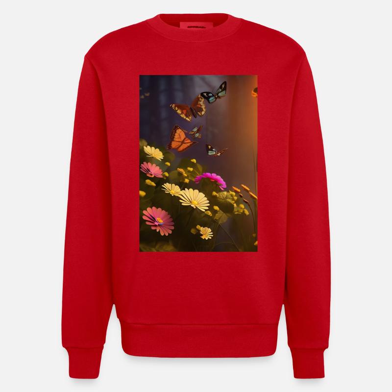 Fleurs et papillon - Sweat bio épais oversize fabriqué en UE - rouge