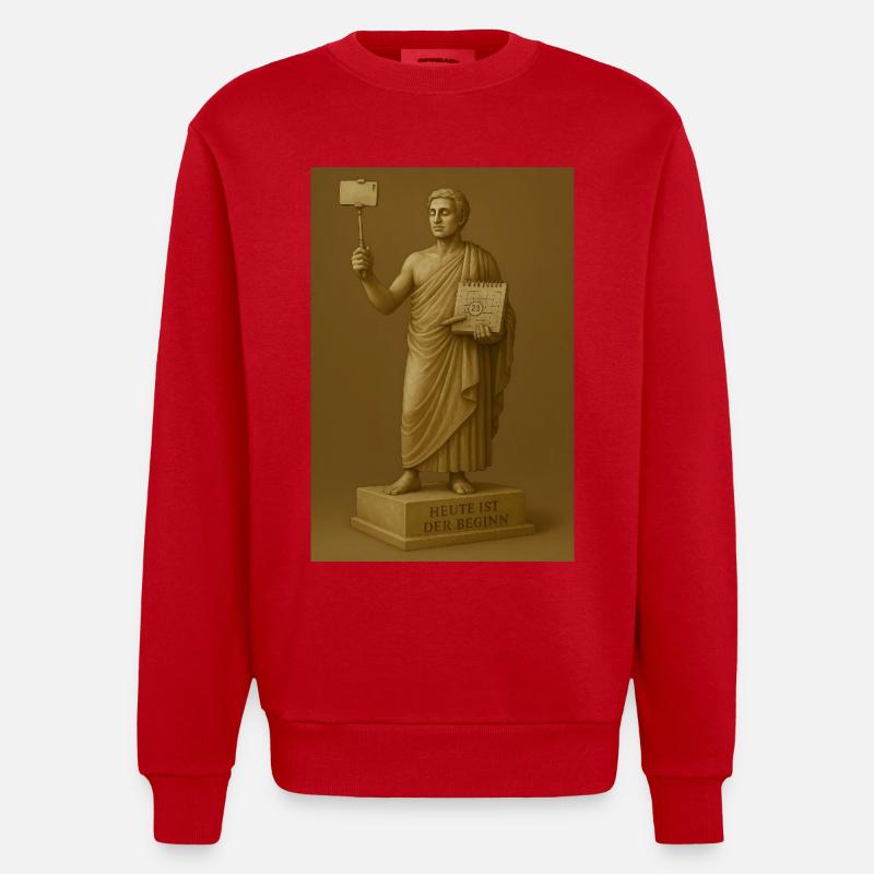 Moderne Statue mit Smartphone und Kalender - Heavyweight Oversized Organic Crew Neck Made in EU - Rot