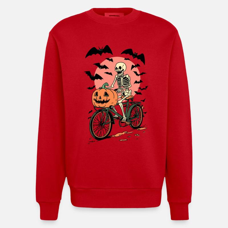 Squelette à vélo avec citrouille - Sweat bio épais oversize fabriqué en UE - rouge