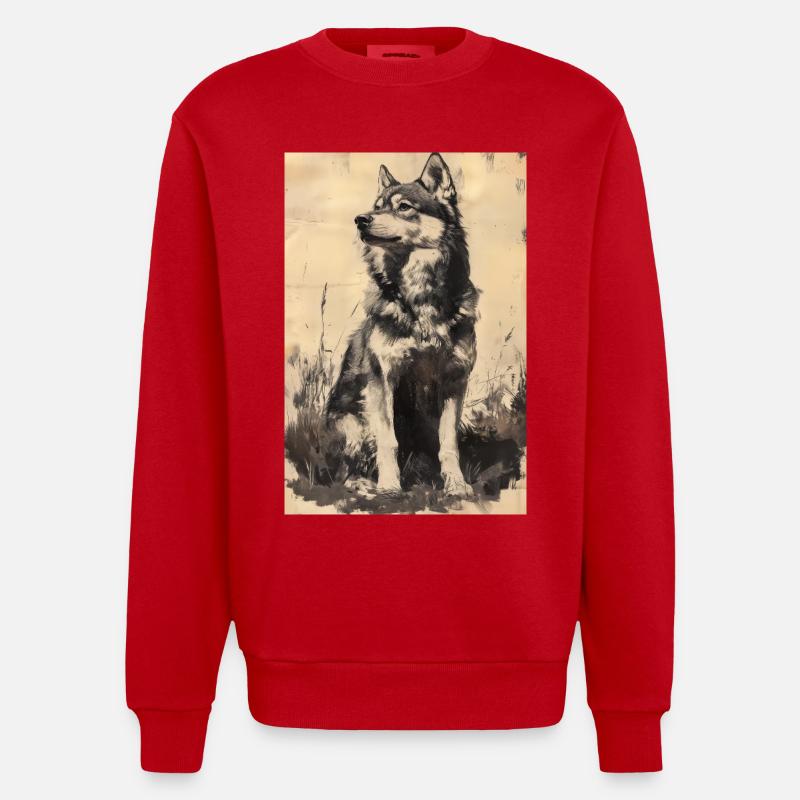 Illustration eines Wolfes - Heavyweight Oversized Organic Crew Neck Made in EU - Rot