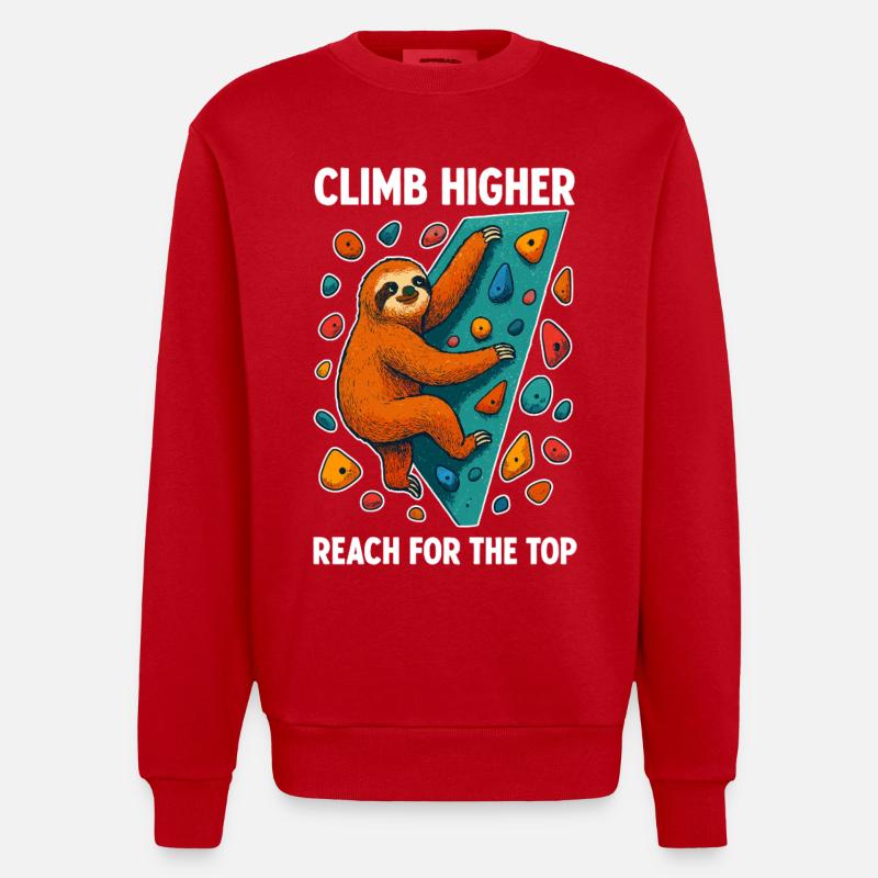 Bouldering Sloth Climbing Boulder Climber - Heavyweight Oversized Organic Crew Neck Made in EU - red