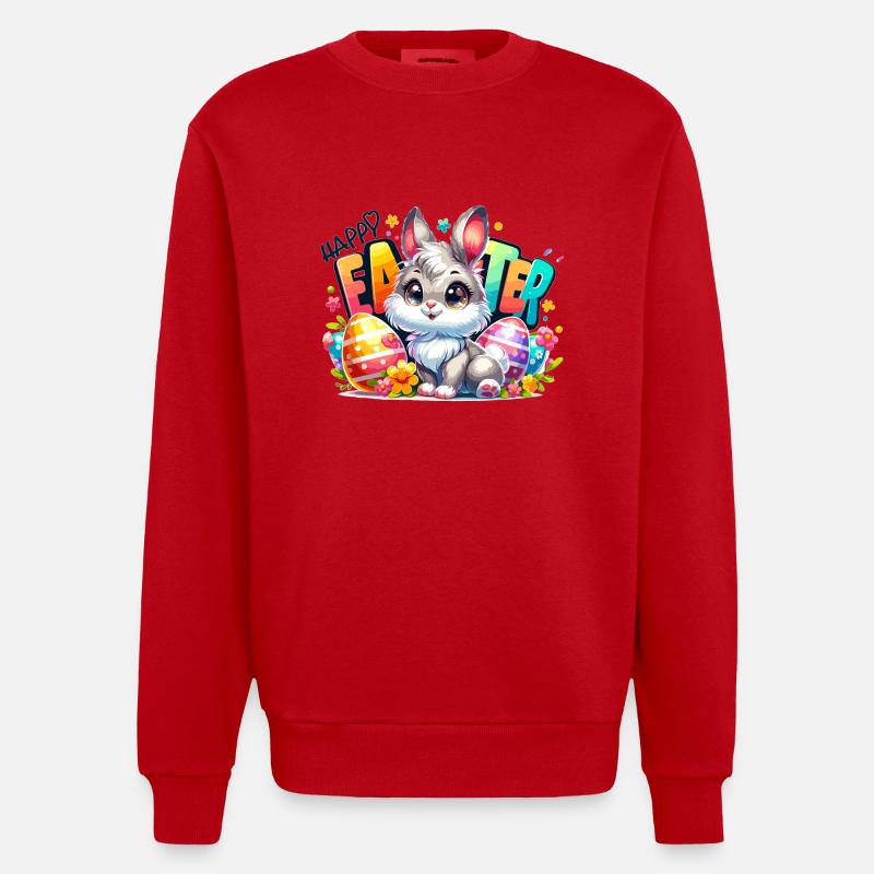 Happy Easter - Easter Bunny Illustration - Heavyweight Oversized Organic Crew Neck Made in EU - red
