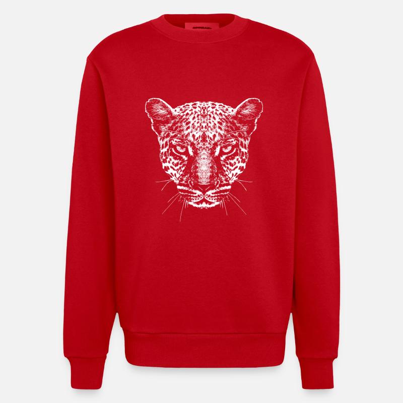 Leopard / Head / Graphic / White - Heavyweight Oversized Organic Crew Neck Made in EU - red