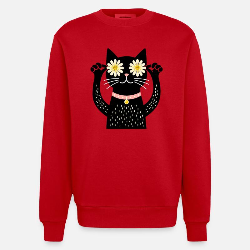Chat et marguerites - Sweat bio épais oversize fabriqué en UE - rouge