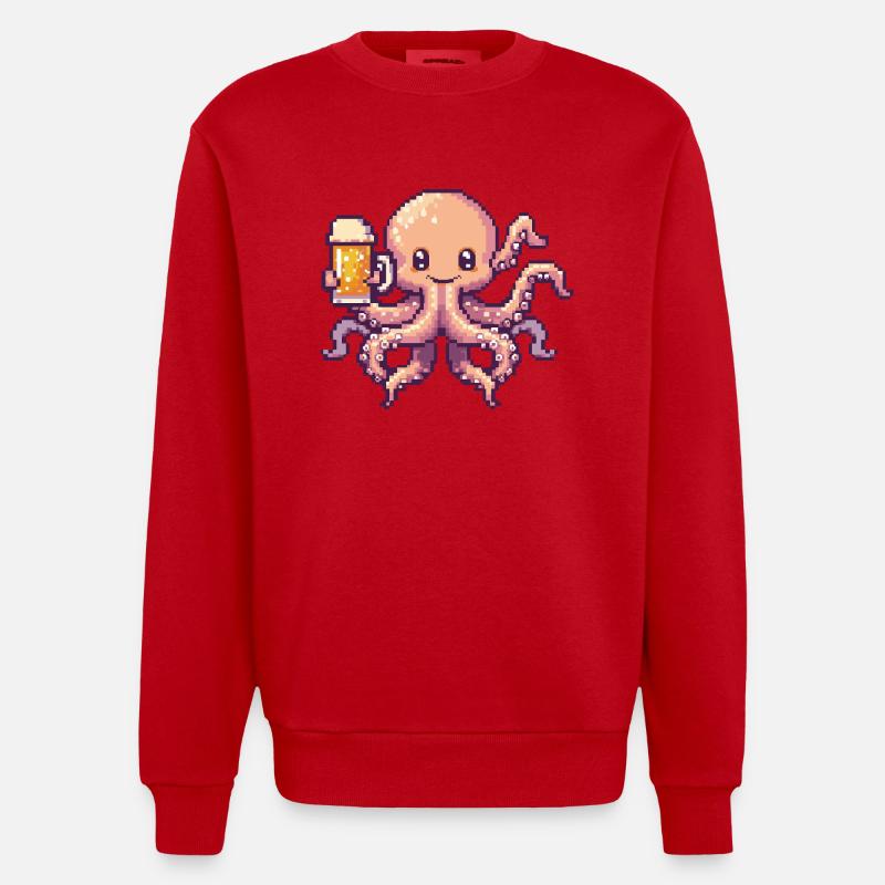 Oktopus Pixel Bier - Heavyweight Oversized Organic Crew Neck Made in EU - Rot