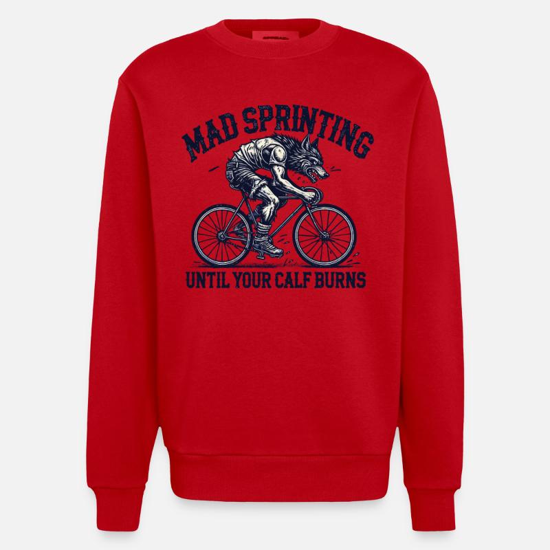 Mad Sprinting Bicycle Wolf Design - Heavyweight Oversized Organic Crew Neck Made in EU - red