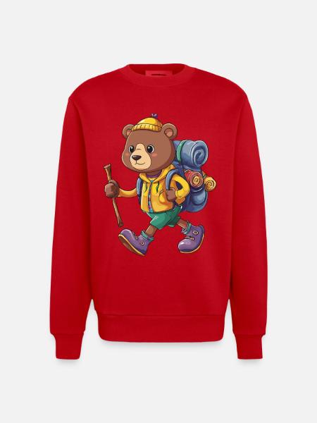 Cute Bear Hiking Camping Adventure Backpacker - Heavyweight Oversized Organic Crew Neck Made in EU - red