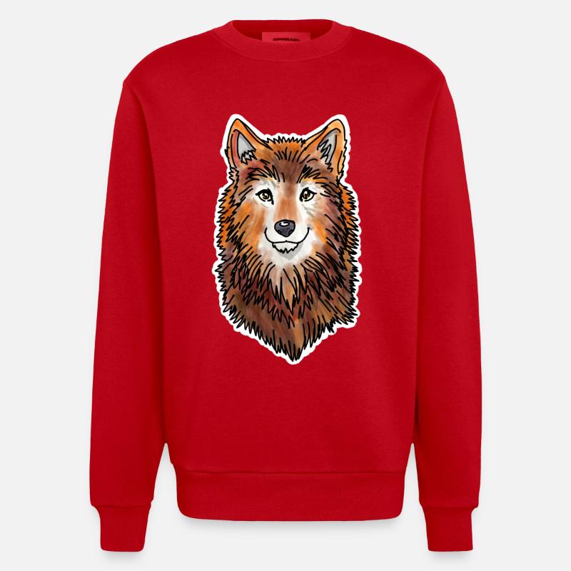 Wolf's Head (Brown Fur) - Heavyweight Oversized Organic Crew Neck Made in EU - red