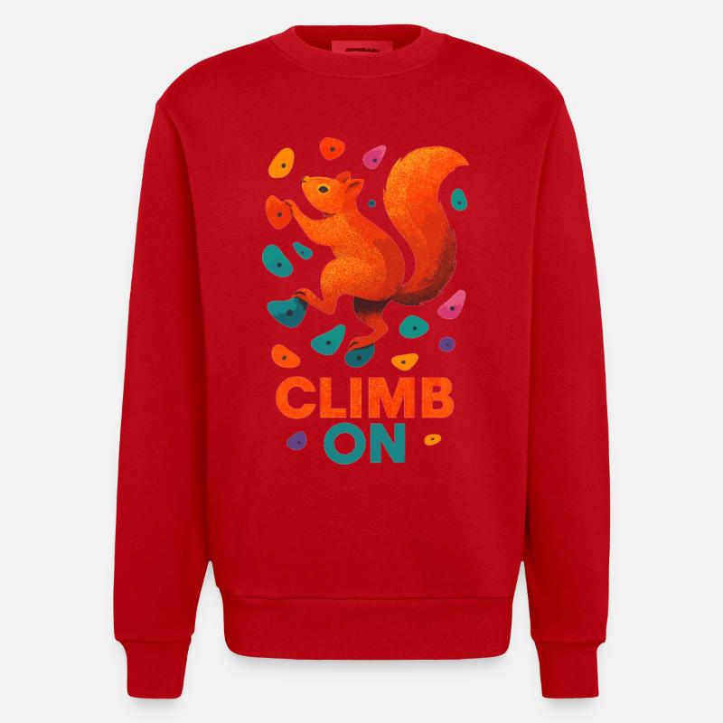 Bouldering Squirrel Climbing Motivation Gift - Heavyweight Oversized Organic Crew Neck Made in EU - red