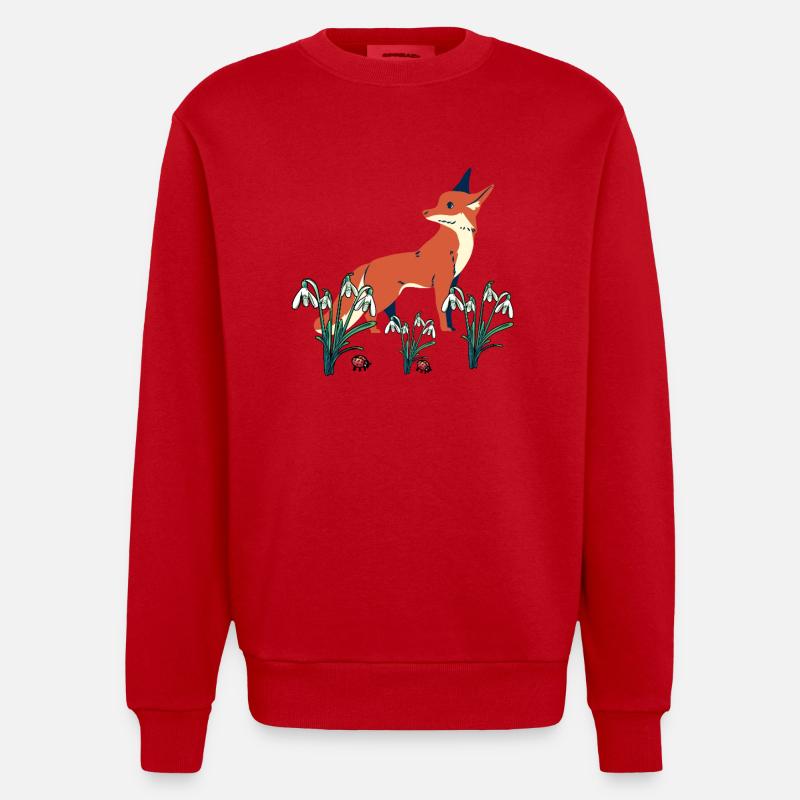 Spring Snowdrops Fox Foxes - Heavyweight Oversized Organic Crew Neck Made in EU - red