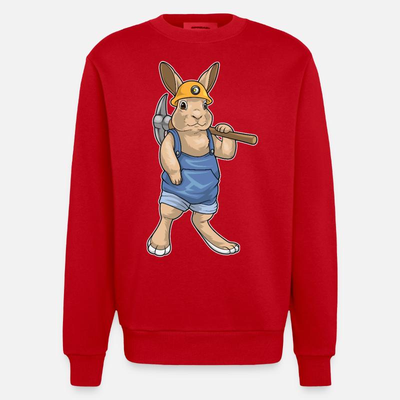 Rabbit Miner Pickaxe Mining - Heavyweight Oversized Organic Crew Neck Made in EU - red