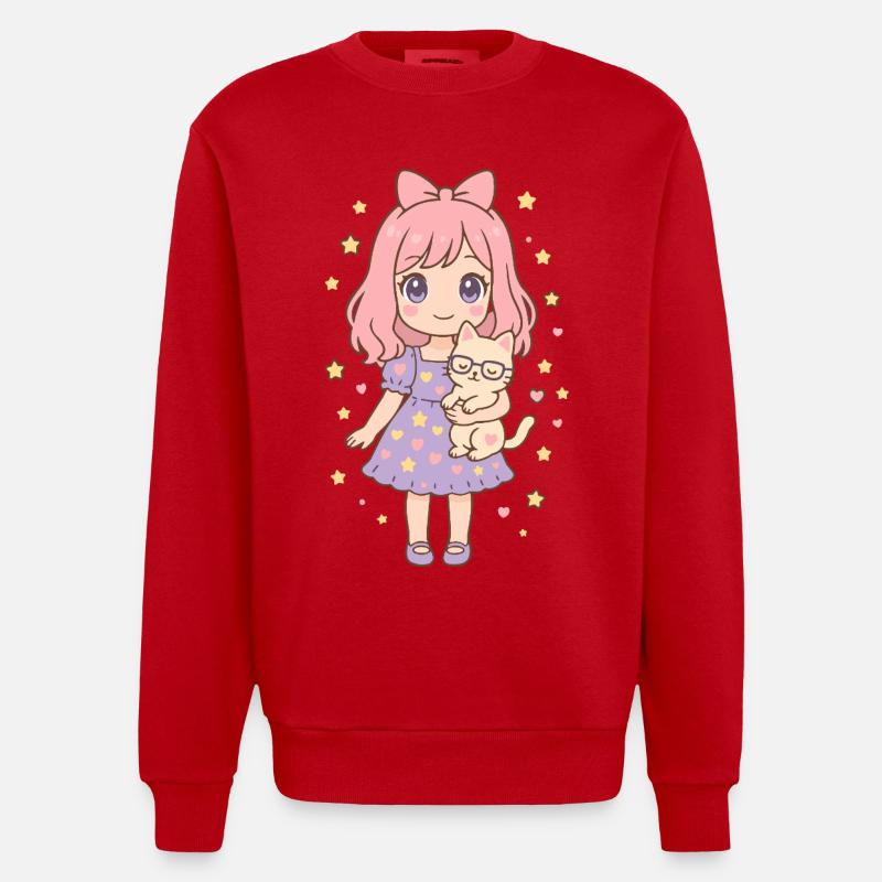 Kleines Mädchen mit Katze von Helfspawn - Heavyweight Oversized Organic Crew Neck Made in EU - Rot