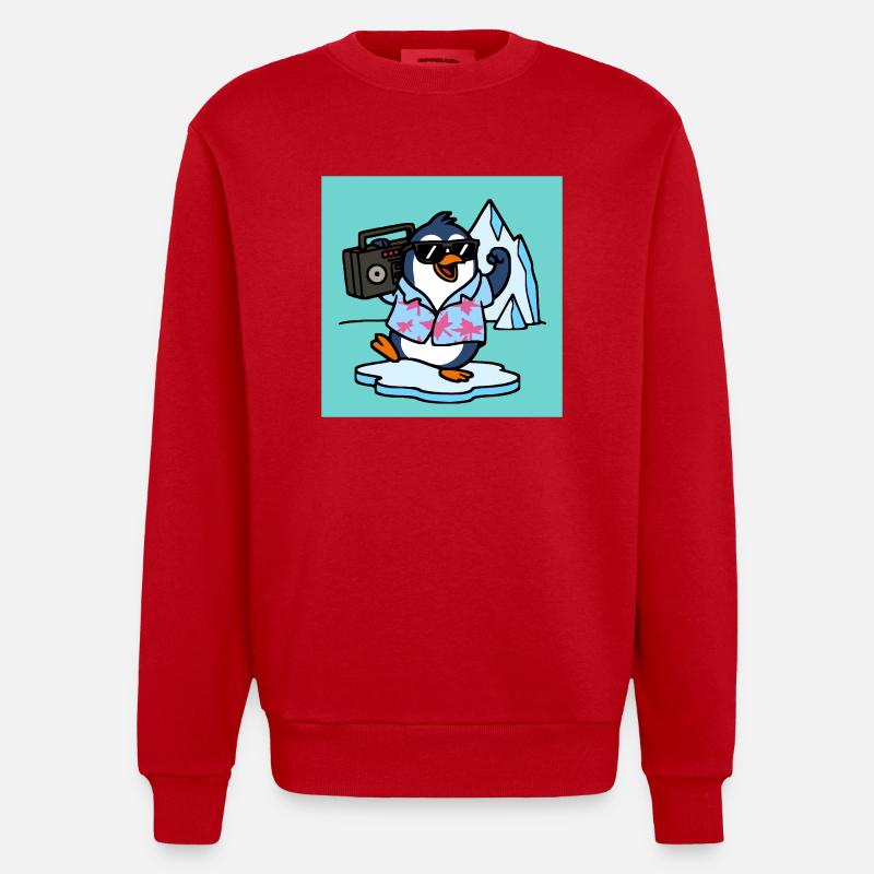Pingouin avec jukebox Drôles d’animaux - Sweat bio épais oversize fabriqué en UE - rouge