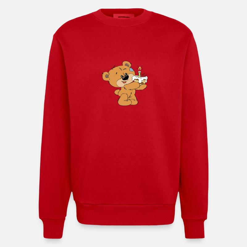 Petit ourson avec un gâteau - Sweat bio épais oversize fabriqué en UE - rouge