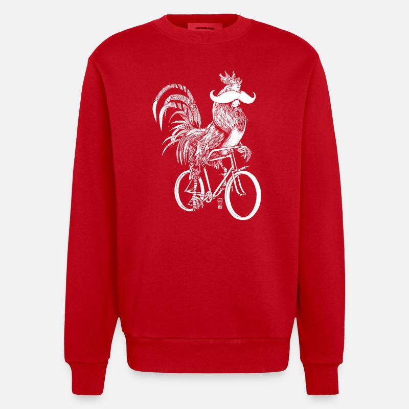Coq & Bicycles - version blanche - Sweat bio épais oversize fabriqué en UE - rouge