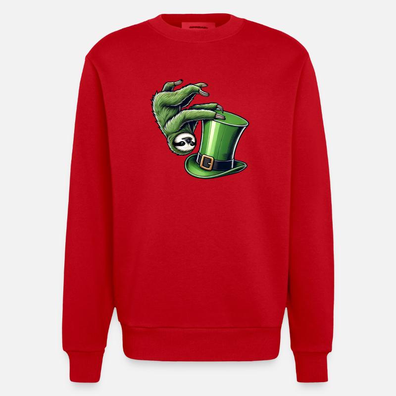 St. Patrick's Sloth Shamrock Handstand - Heavyweight Oversized Organic Crew Neck Made in EU - red