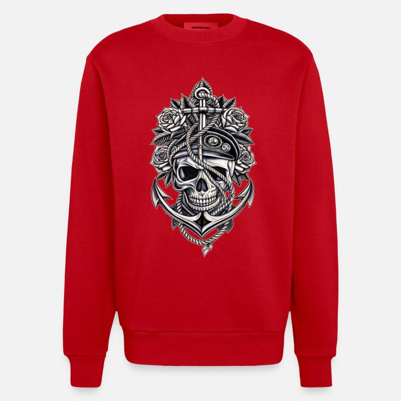 Navy Totenkopf Anker Gothic Totenschädel - Heavyweight Oversized Organic Crew Neck Made in EU - Rot